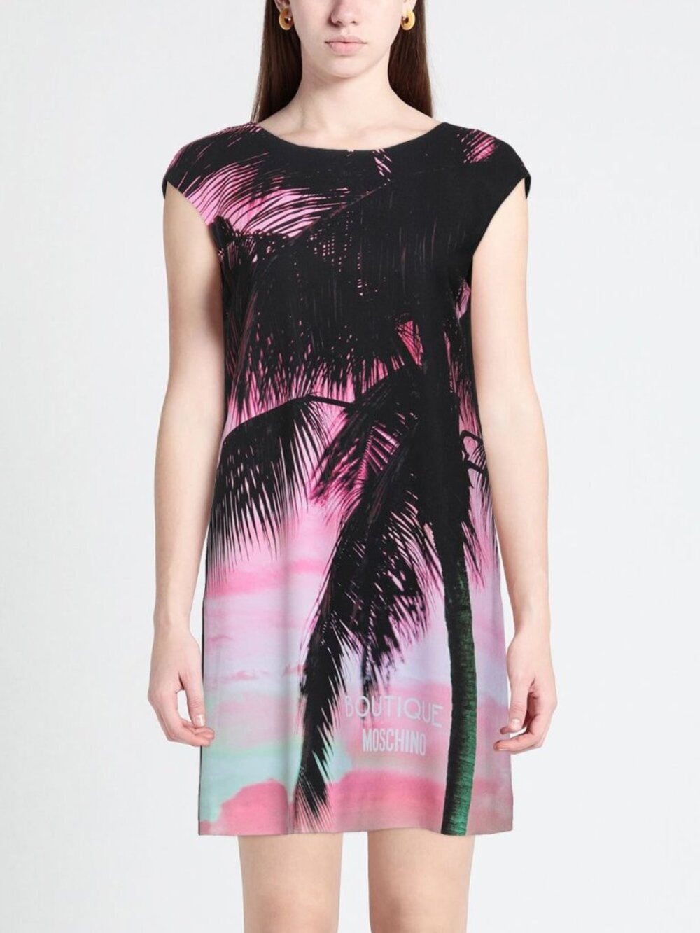 Boutique Moschino Black & Pink Palm-Tree-Print Crepe Shift Dress